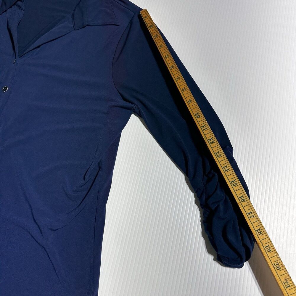 Susan Graver Button Front Shirt Navy Blue Ruched Sleeve Size M Medium Liquid - Picture 9 of 10